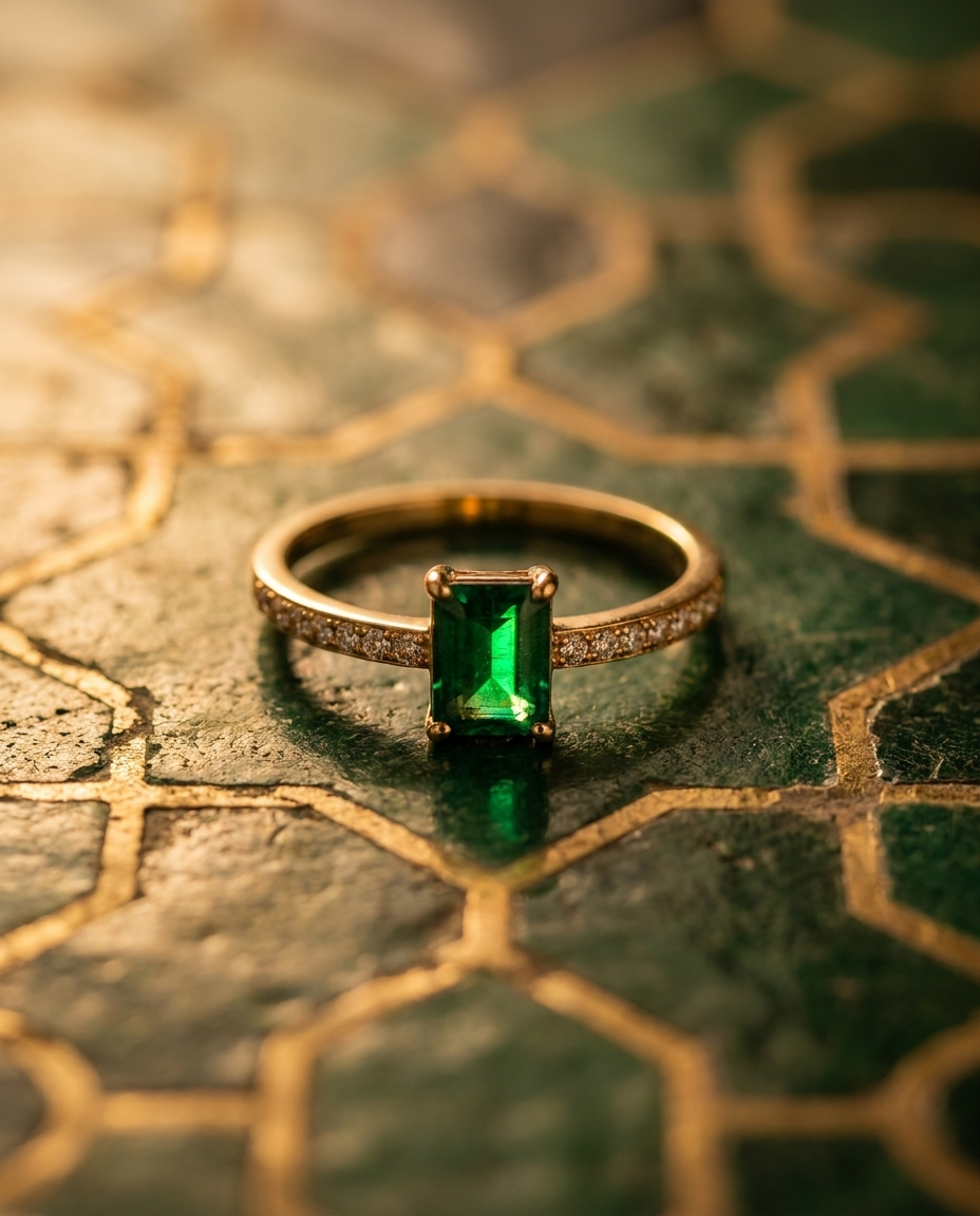 Bague HOB Émeraude sur velours vert — ZAAYNAA